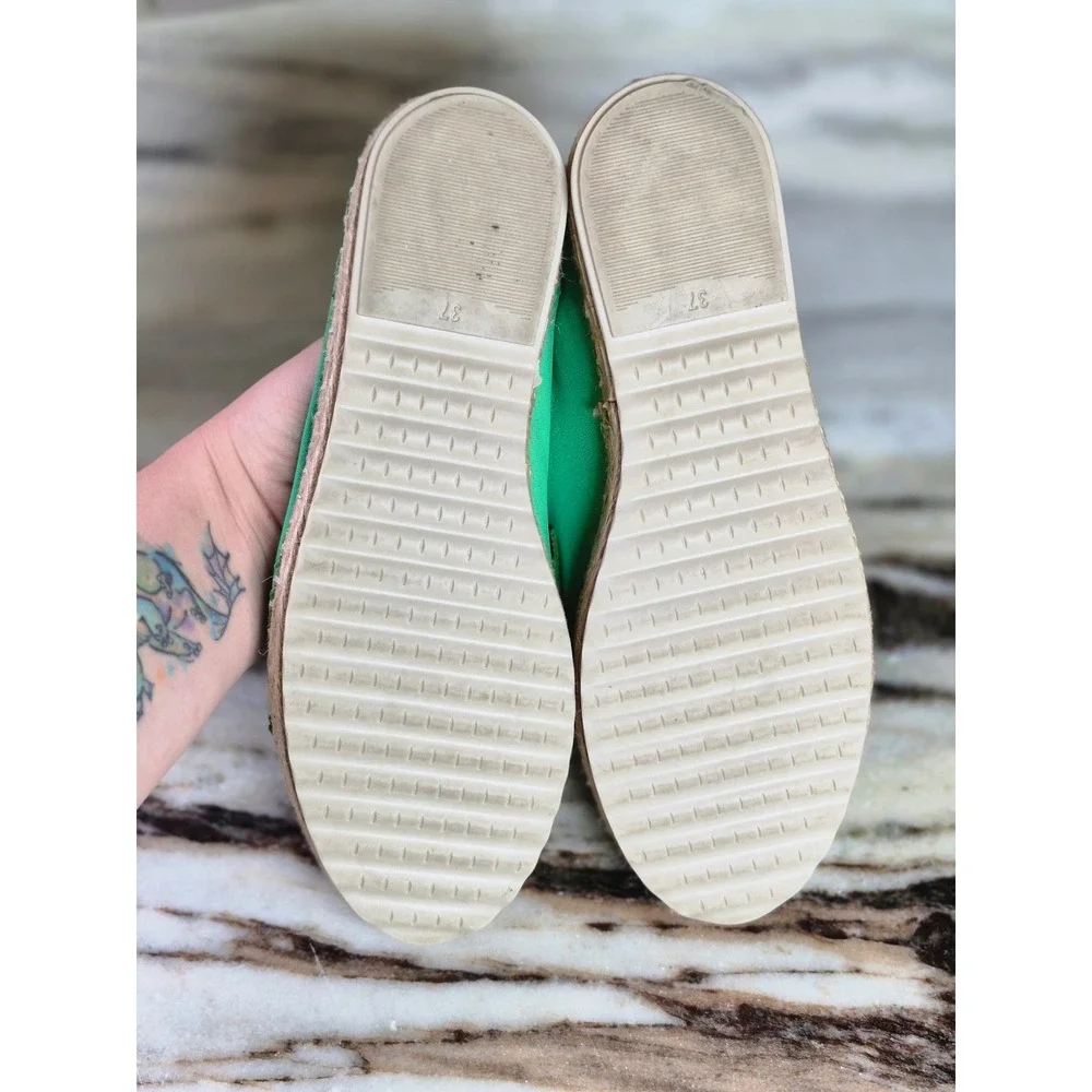 42 Gold Alberta Green Leather Espadrille Loafers Horsebit Detail 37 EU Womens